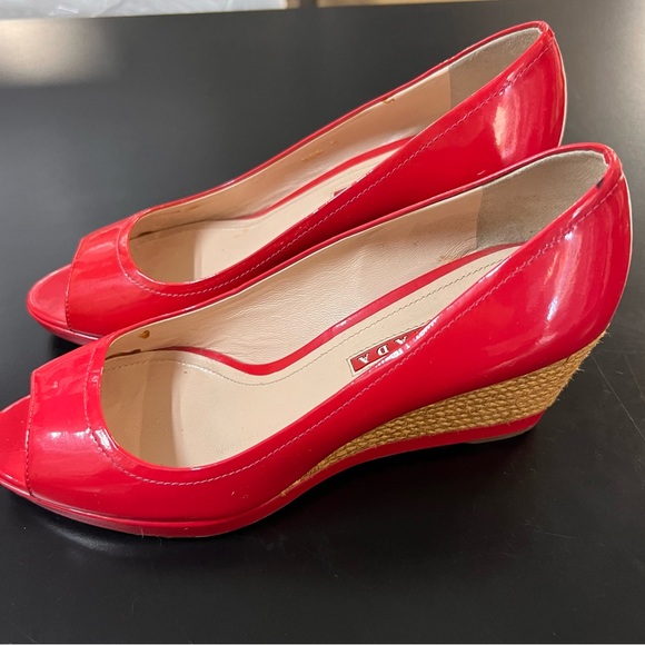 Prada Red Wedges Size 38 Red Patent Leather Peep Toe Espadrilles Made In Italy - Picture 9 of 14